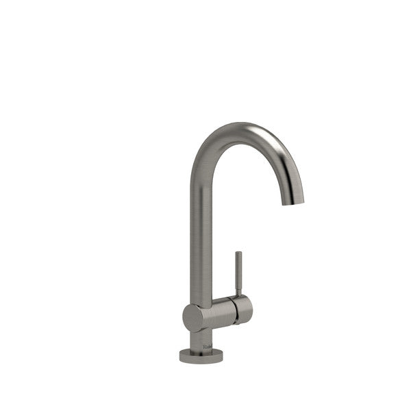 Modern stainless steel kitchen faucet with a curved spout and single lever handle.