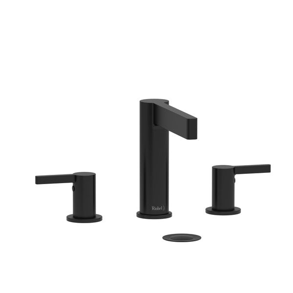 Modern black three-piece faucet set with handles.
