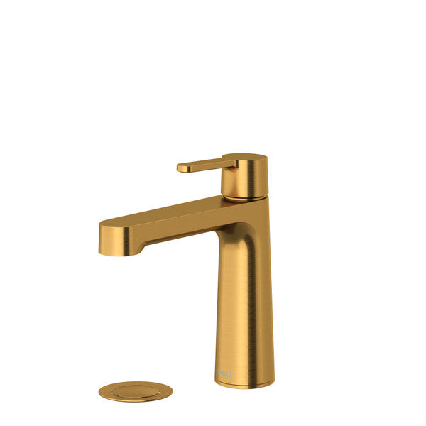 A modern gold faucet with a sleek design and a matching drain cover.