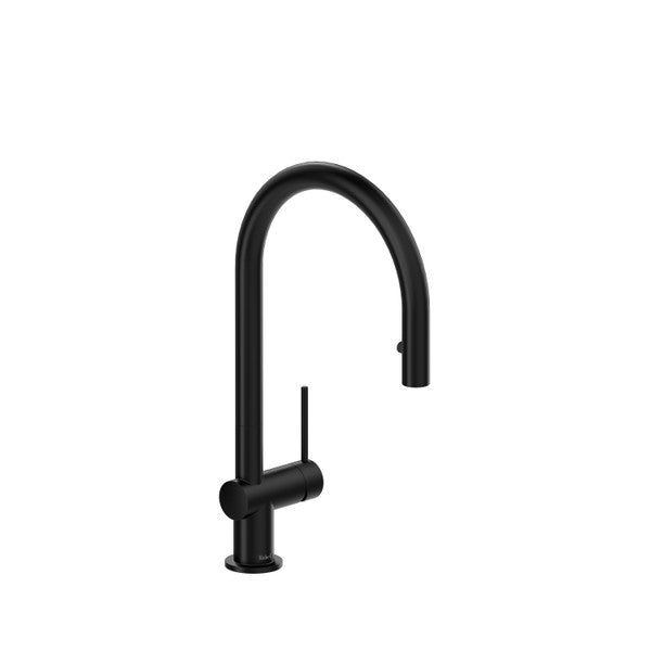 Black modern kitchen faucet with a high arc and single handle.