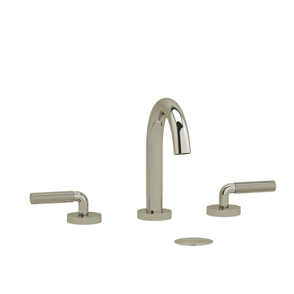 Modern bathroom faucet with two handles and sleek design.