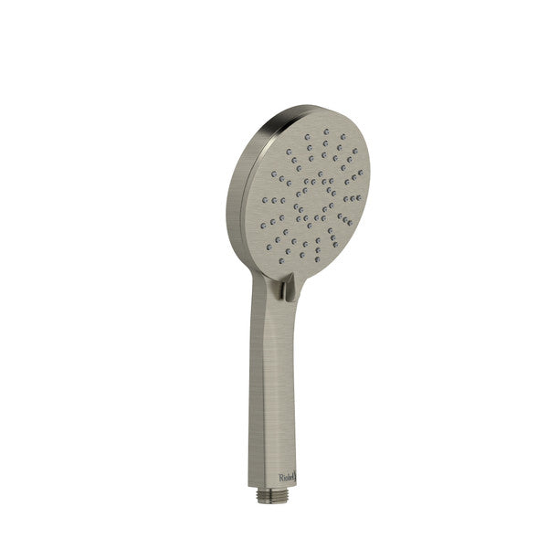 A modern handheld shower head with a sleek metallic finish.