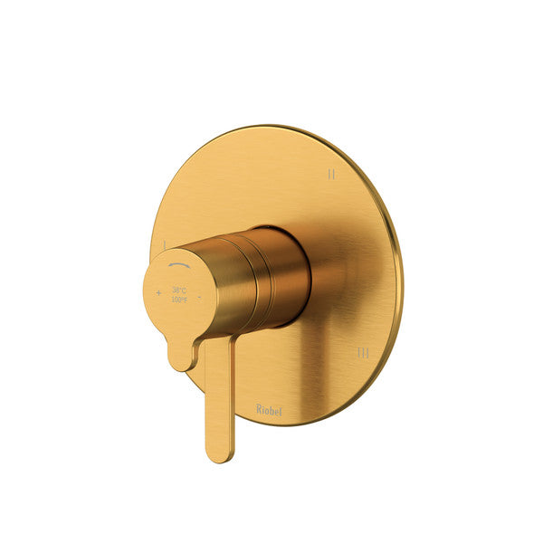 Modern gold shower control handle on a circular plate