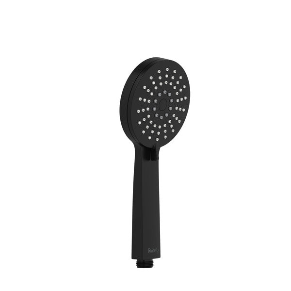 A modern black shower head with a round spray face and a sleek handle.
