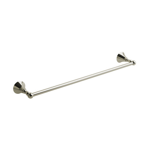 A polished metal towel bar with circular wall mounts.