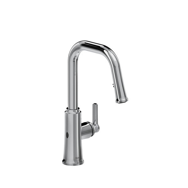 A sleek, modern chrome faucet with a curved spout and lever handle.