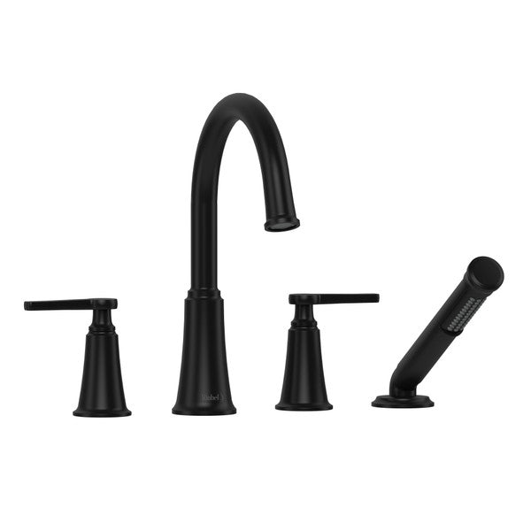 Four-piece black faucet set including a high-arc spout and two handles.