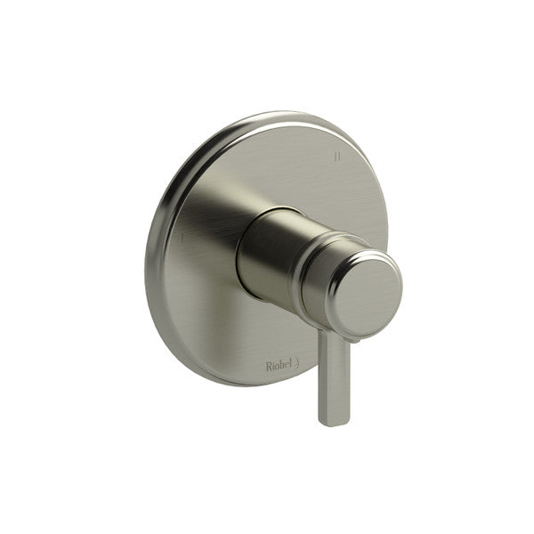A polished silver shower controller knob on a round plate.