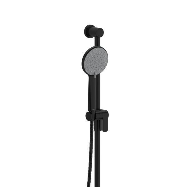 Black handheld showerhead with adjustable height on a wall mount.