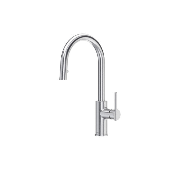 Modern stainless steel kitchen faucet with a high arc design