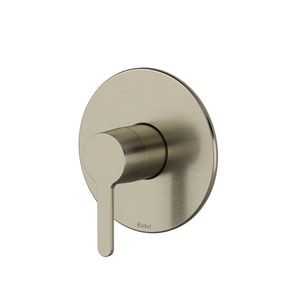 A modern wall-mounted faucet handle in a brushed gold finish.