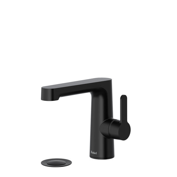 A modern black bathroom faucet with a sleek design and a lever handle.