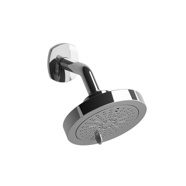 A modern chrome showerhead mounted on a wall.