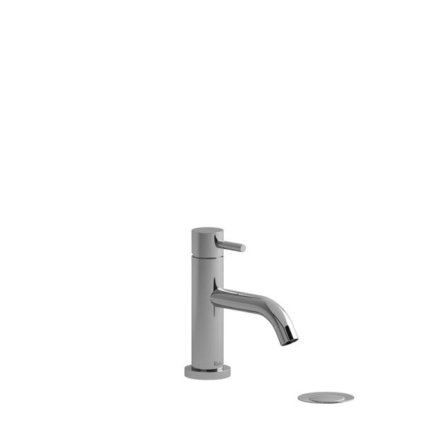 Modern chrome faucet with a sleek design and a circular plate.