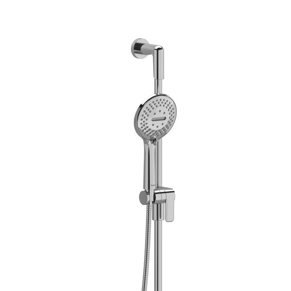 A modern chrome showerhead with a handheld attachment.