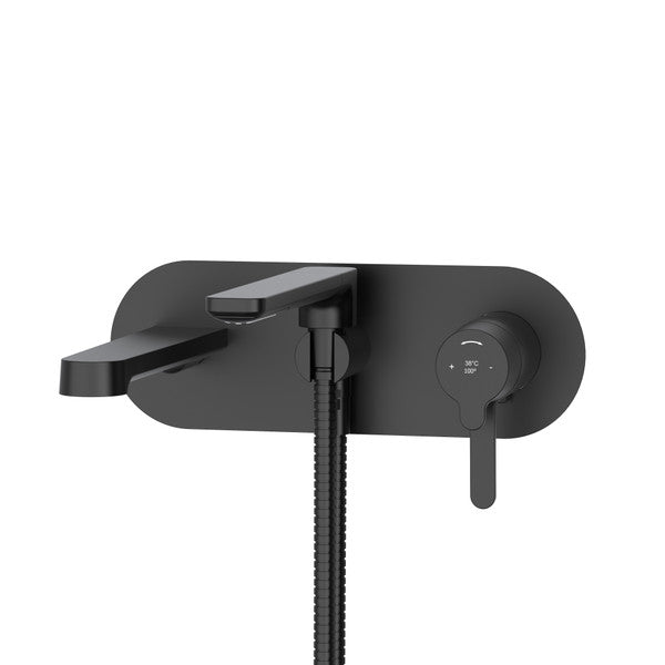 Modern black wall-mounted faucet with a minimalist design.