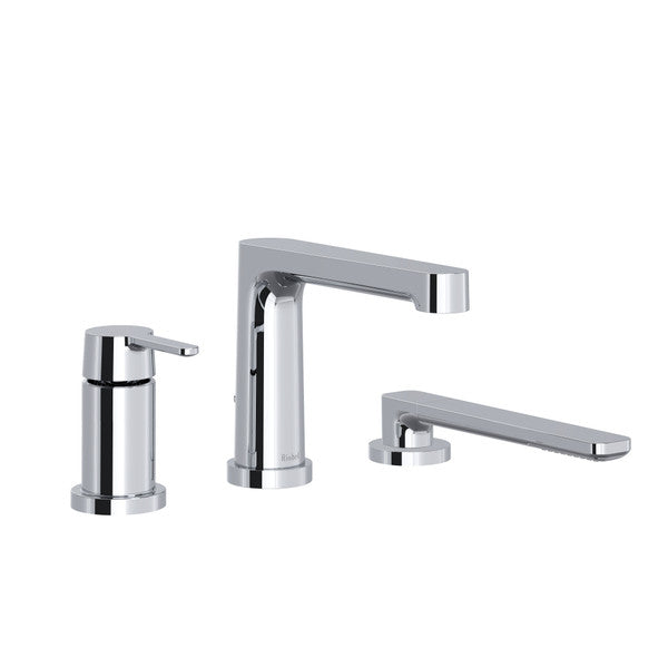 A modern chrome faucet set, including a main faucet and two handles.