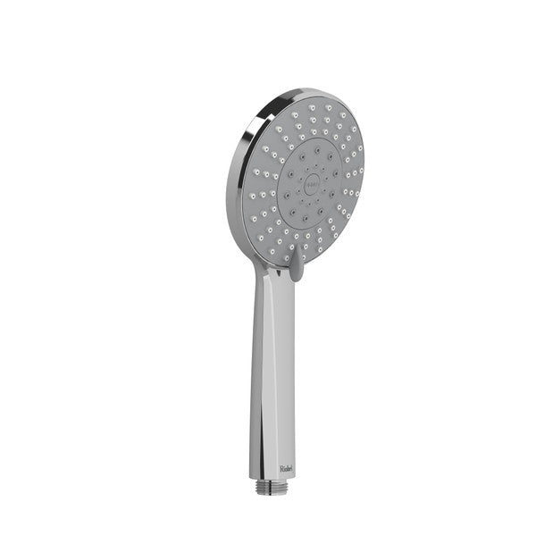 A modern chrome showerhead with multiple water spray settings.