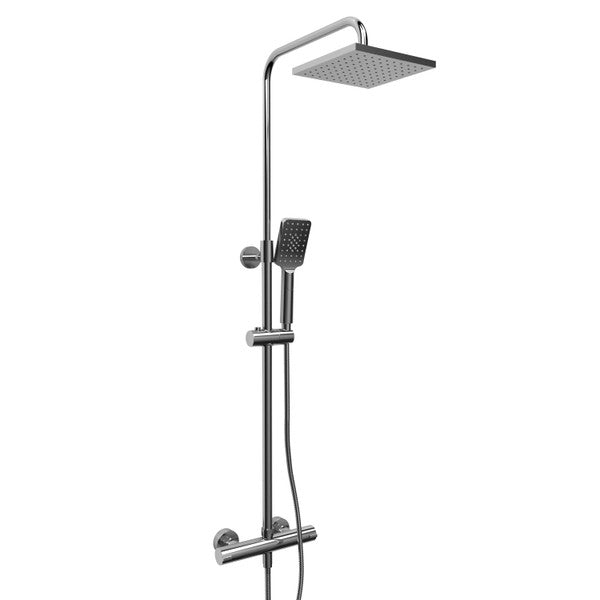 Modern shower system with an overhead showerhead and a handheld shower.