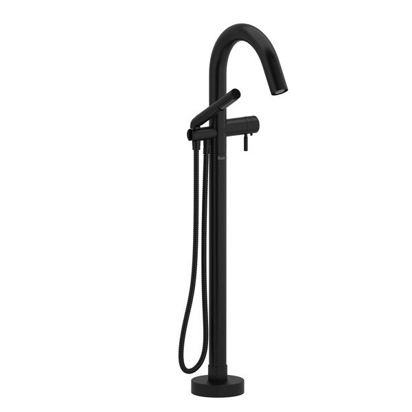 Modern black freestanding bathtub faucet with a hand shower