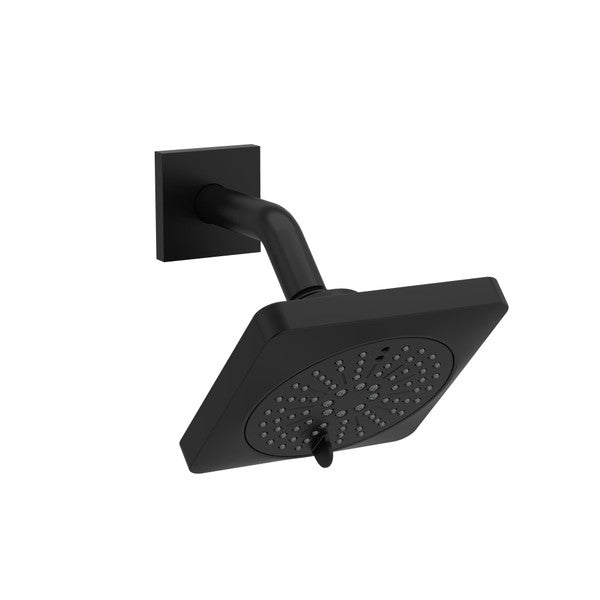 Modern black square shower head mounted on a wall.
