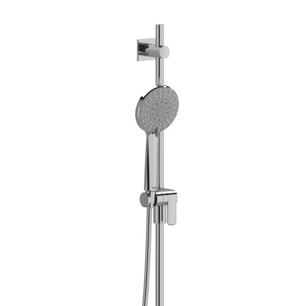 Modern chrome shower head with adjustable height and handheld option