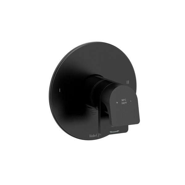 Modern black shower valve control on a circular plate.
