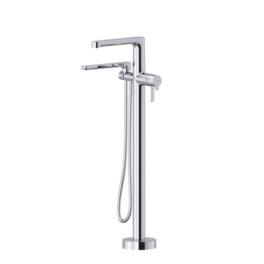 Modern chrome floor-mounted bathtub faucet with hand shower.