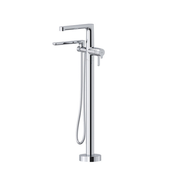 Modern chrome floor-mounted bathtub faucet with hand shower.
