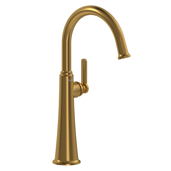 A stylish gold kitchen faucet with a sleek design.