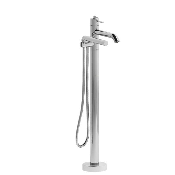 Modern chrome freestanding bathtub faucet with handheld shower attachment.