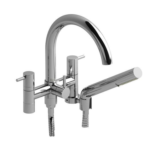 Modern chrome kitchen faucet with a pull-down sprayer.
