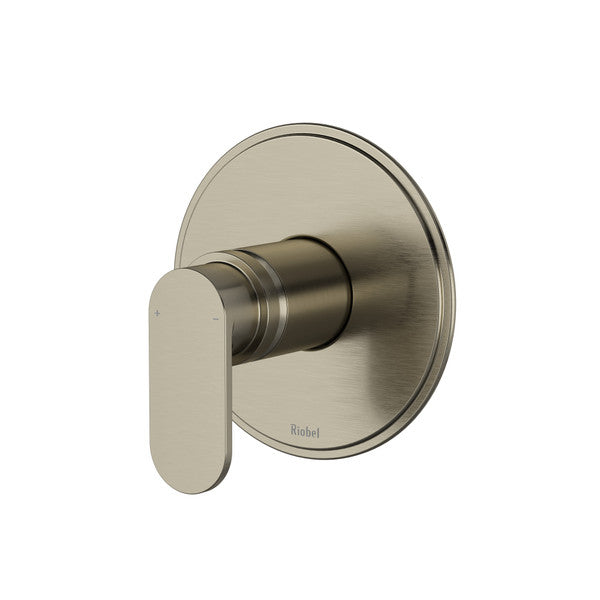 A modern, sleek wall-mounted faucet handle in brushed nickel finish.