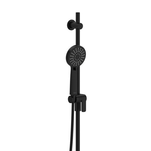 Black shower head and holder on a vertical pole