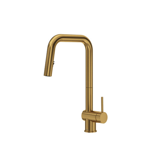 A gold-colored modern kitchen faucet with a curved spout and single lever handle.