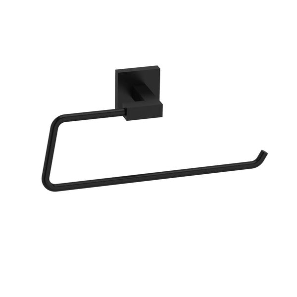 Black towel holder with a minimalist design.