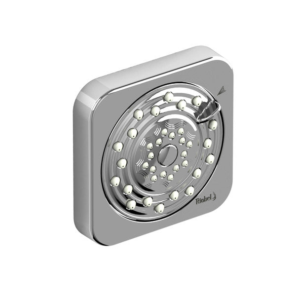A square showerhead with multiple water spray patterns and a chrome finish.