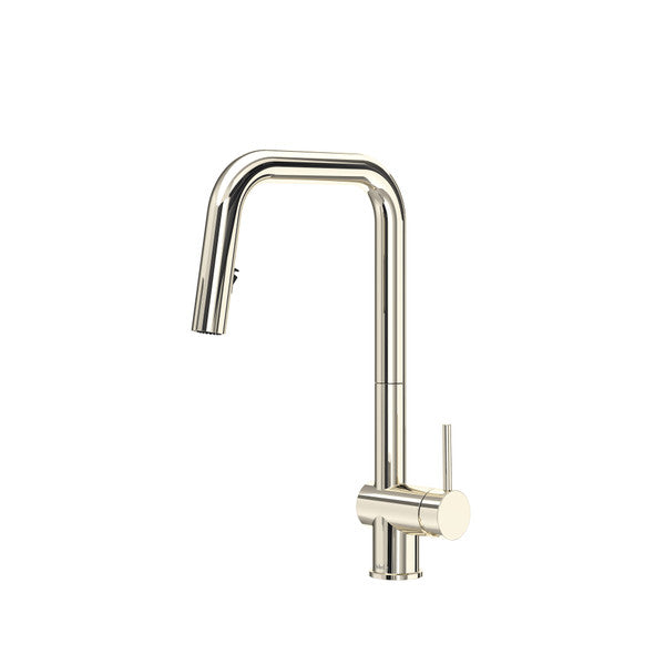 Modern chrome kitchen faucet with a single lever handle.