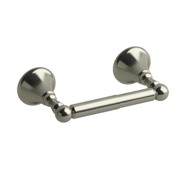 A silver towel bar with two rounded wall mounts.