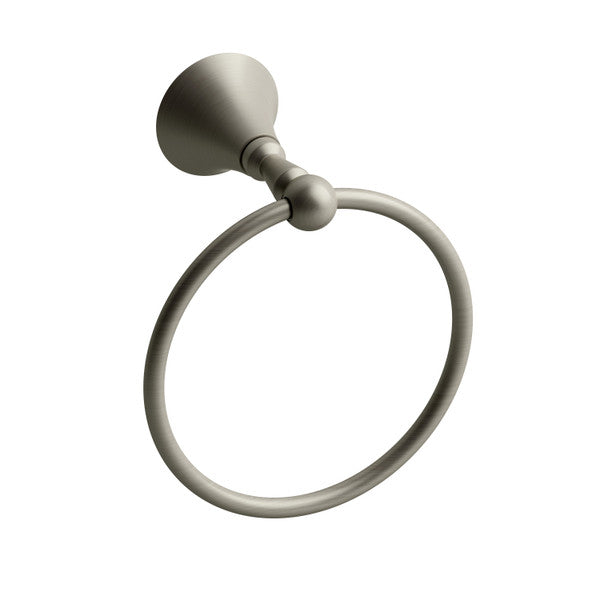 Brushed nickel towel ring mounted on the wall