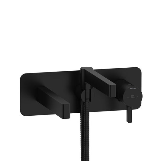 Modern black wall-mounted bathtub faucet with a handheld shower attachment