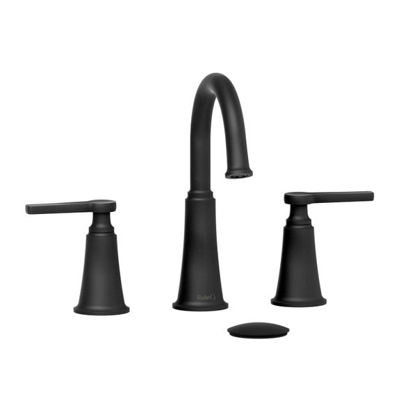 Black bathroom faucet set with two handles and a high-arc spout