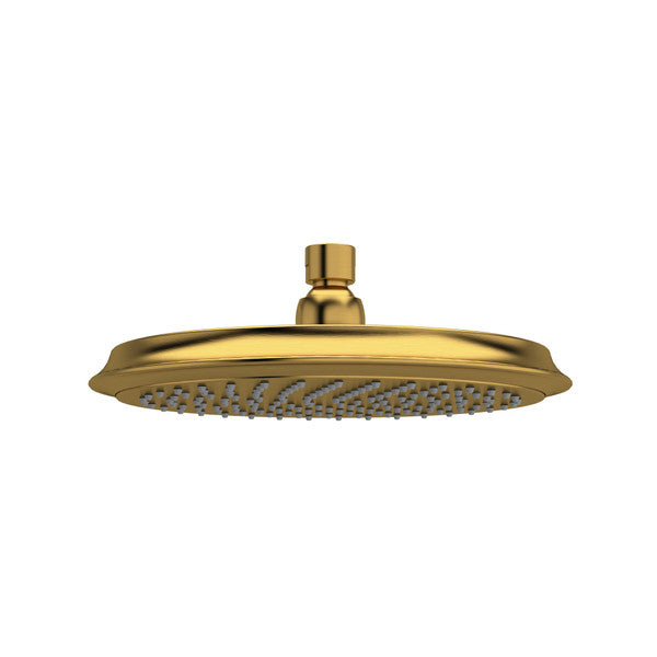 Brass showerhead with a round design and multiple water nozzles.