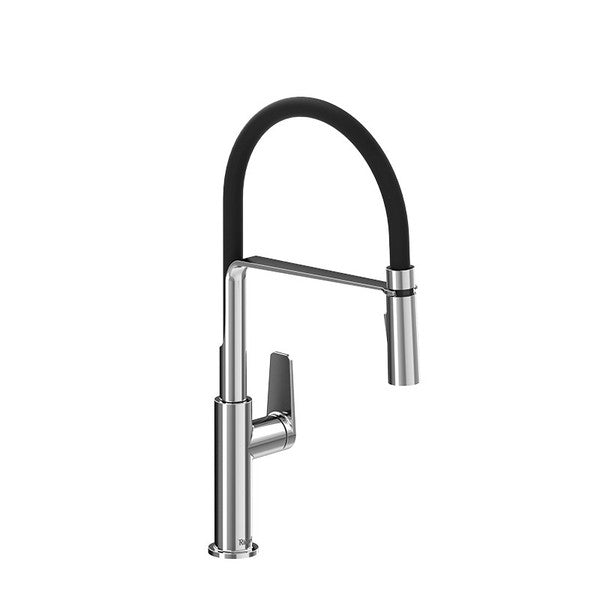 Modern kitchen faucet with a flexible black hose and stainless steel finish.