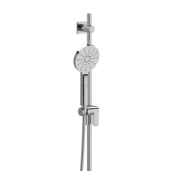 Modern showerhead with adjustable height and handheld sprayer.