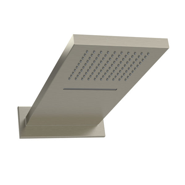 A modern rectangular overhead showerhead with a sleek design.