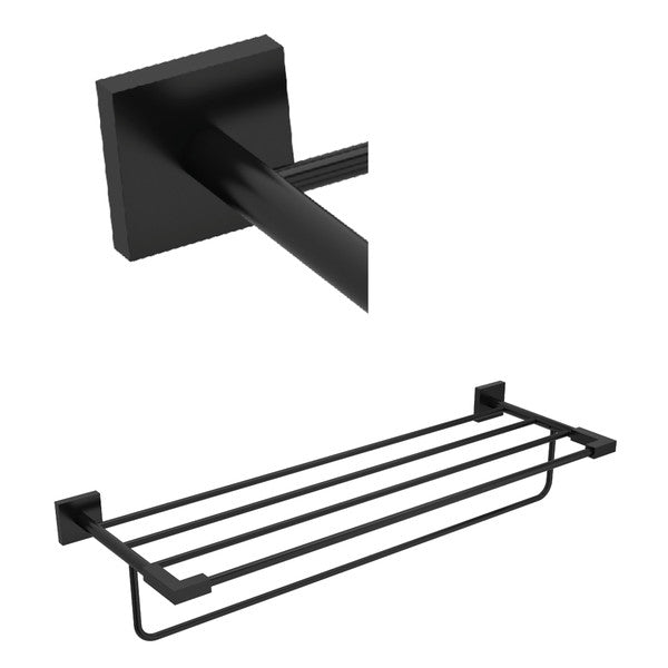 Black towel rack featuring a square wall mount and multiple horizontal bars