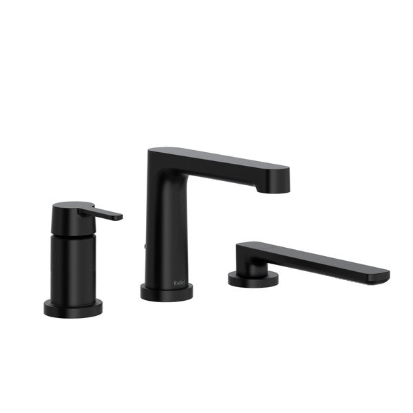 Set of modern black faucets including a soap dispenser.