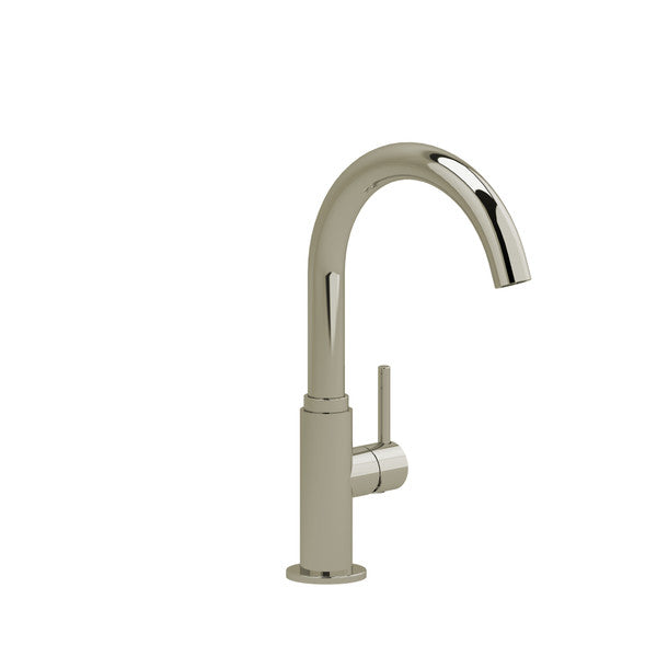 Chrome kitchen faucet with a curved spout