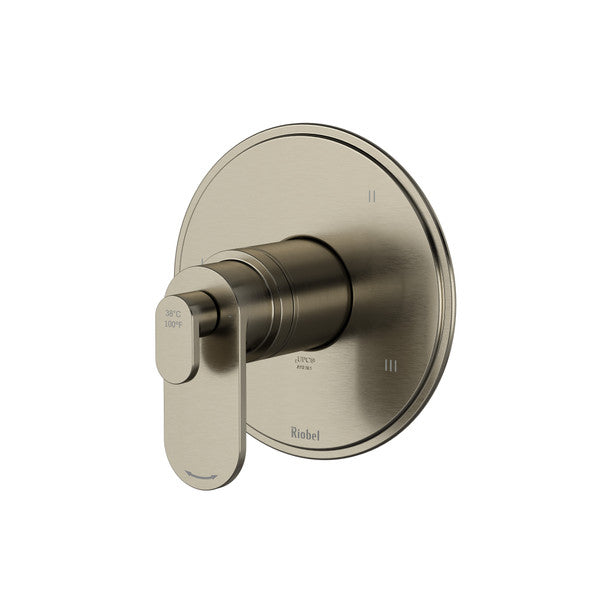 Modern wall-mounted faucet control in brushed nickel finish.